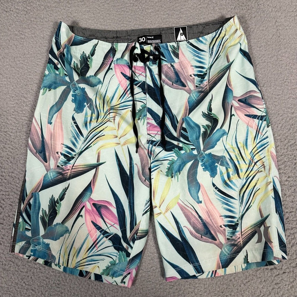 Hurley Board Shorts Mens 30 Blue Green Floral Phantom‎ JJF Swim Surf 9" Inseam